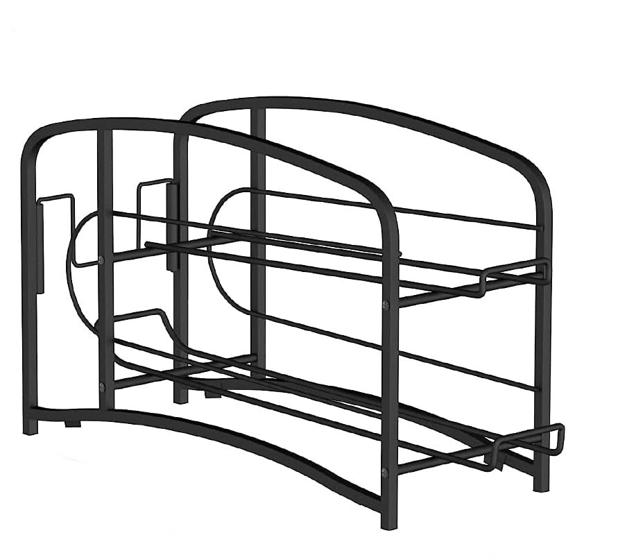 Tom konservförvaring med svart metallram, designad för att rymma burkar.