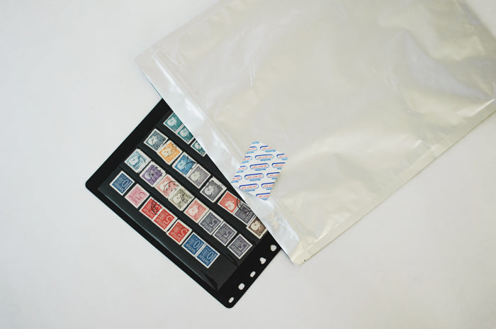 Mylarpåse 9 liter (30x49 cm) ståpåse med ziplock, som visar stämplar inuti för korrekt förvaring.