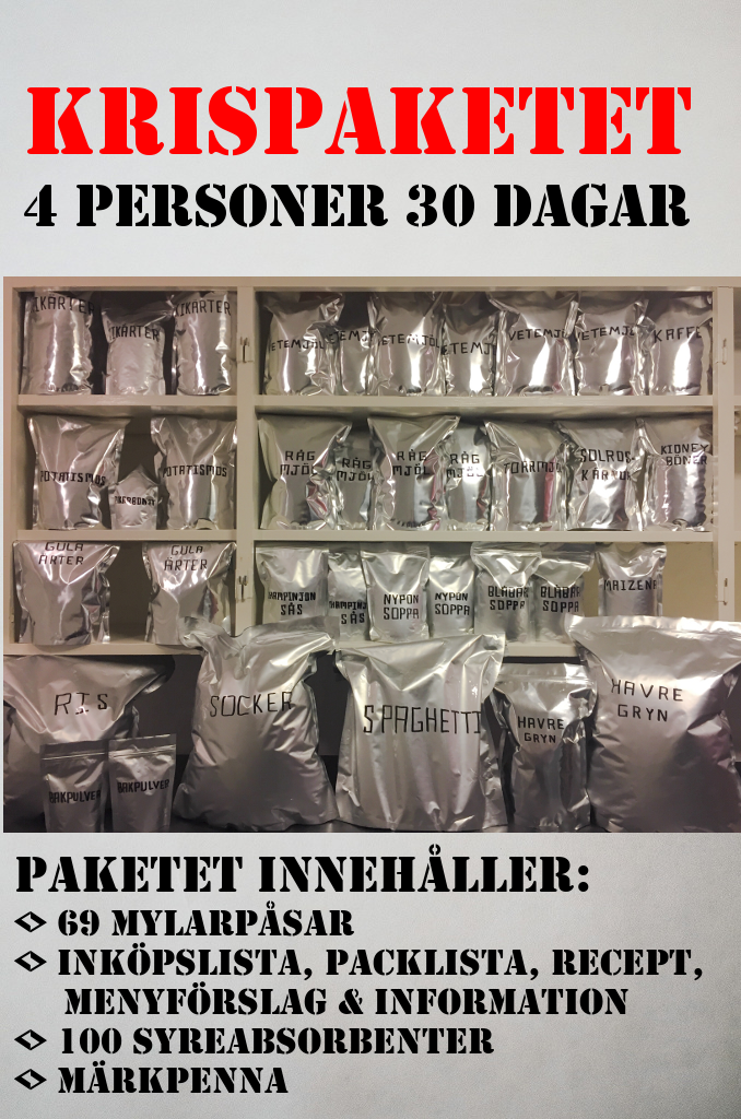Krispaketet för 4 personer i 30 dagar, med Mylarpåsar fyllda med olika torrvaror, inklusive ris, socker och spaghetti, på en hylla.