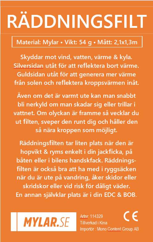 Nödfilt / Räddningsfilt 2,1 x 1,3m guld och silver från 19,90 st - Mylar.se